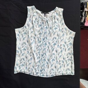 White House Black Market White and Teal Sleeveless Blouse 14P V-neck
